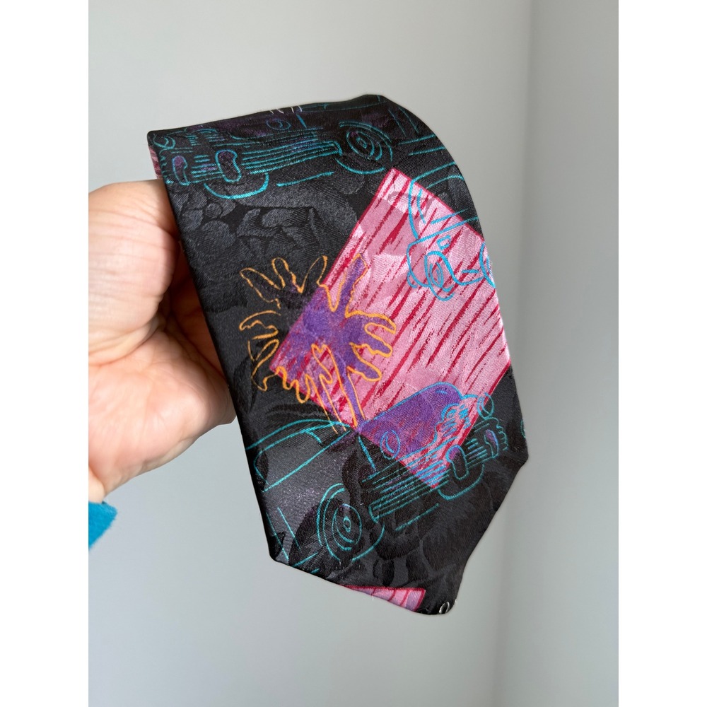 Vintage Pierre Balmain Necktie Black Neon Retro 80s 90s Classic Car Palm Tree